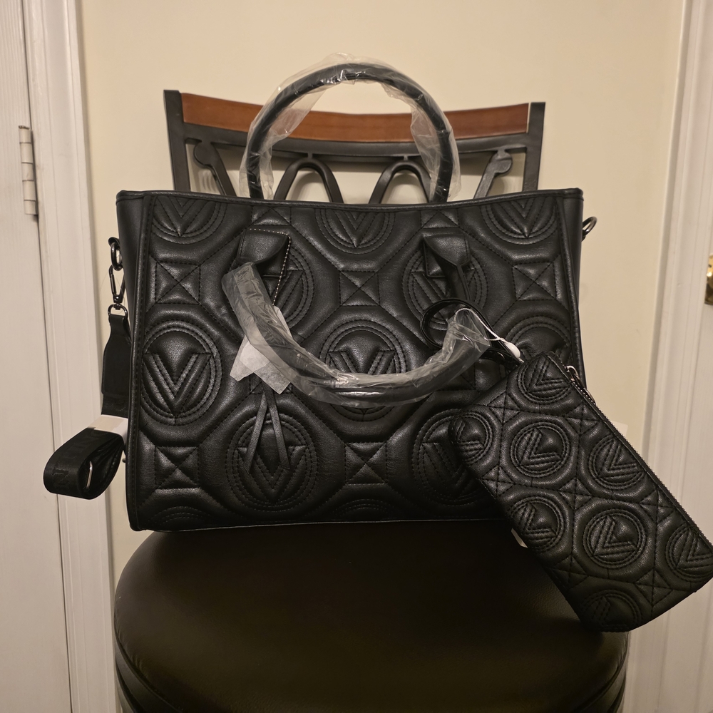 NWT Valentino Orlandi Black Quilted Tote Set